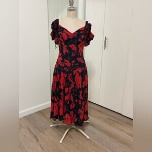 Barbara Barbara Red Black Floral Midi Dress Lace-Up Corset Back Women’s Size 6